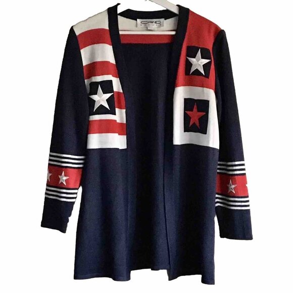 Vintage Eric Steven Red White Blue Stars‎ Stripes Cardigan Woman’s Size 6 - Picture 1 of 8